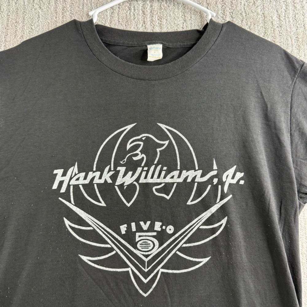 Sportswear Hank Williams Jr Five-O Tour T-Shirt Mens Size L Black Vintage 1985 - Picture 2 of 7